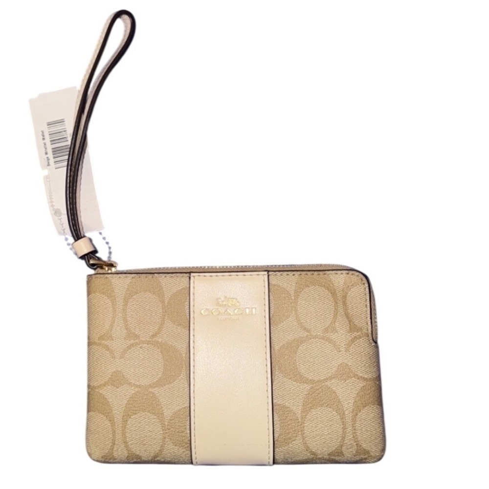 Coach Wristlet Small Beige Excellent Signature Monogram Zip Pouch